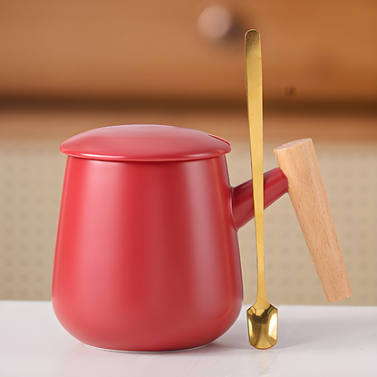 Wood Ceramic Mug with Simple Wooden Handle - 390ml Milk and Coffee Cup