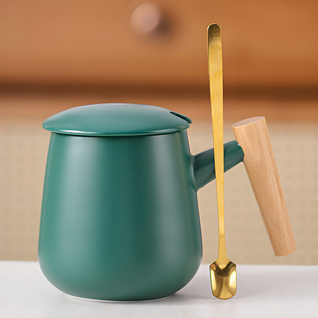 Wood Ceramic Mug with Simple Wooden Handle - 390ml Milk and Coffee Cup