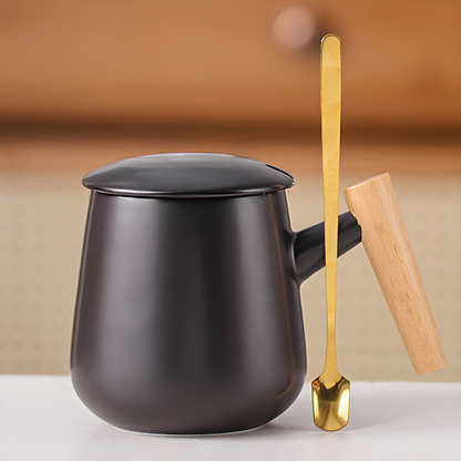 Wood Ceramic Mug with Simple Wooden Handle - 390ml Milk and Coffee Cup