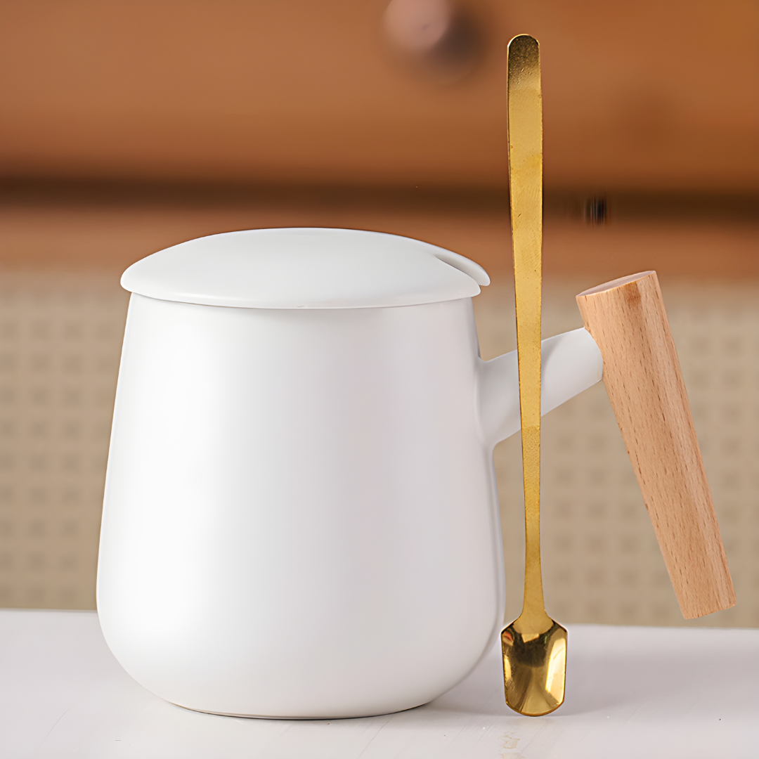 Wood Ceramic Mug with Simple Wooden Handle - 390ml Milk and Coffee Cup