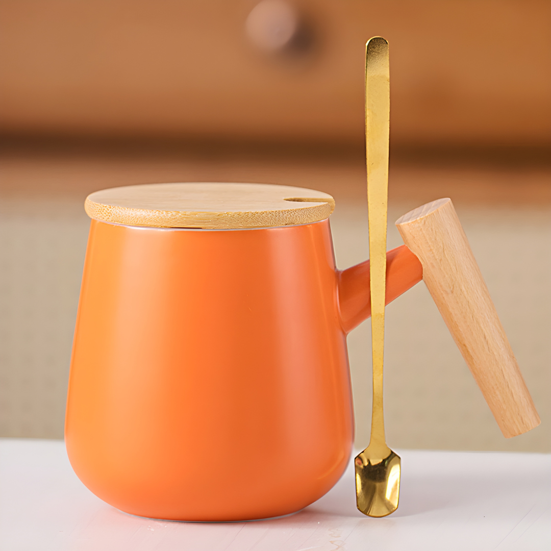 Wood Ceramic Mug with Simple Wooden Handle - 390ml Milk and Coffee Cup