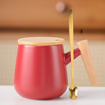 Wood Ceramic Mug with Simple Wooden Handle - 390ml Milk and Coffee Cup