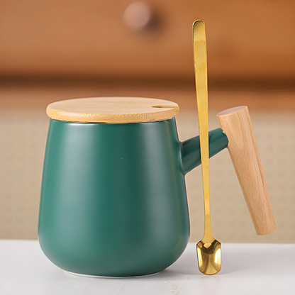 Wood Ceramic Mug with Simple Wooden Handle - 390ml Milk and Coffee Cup