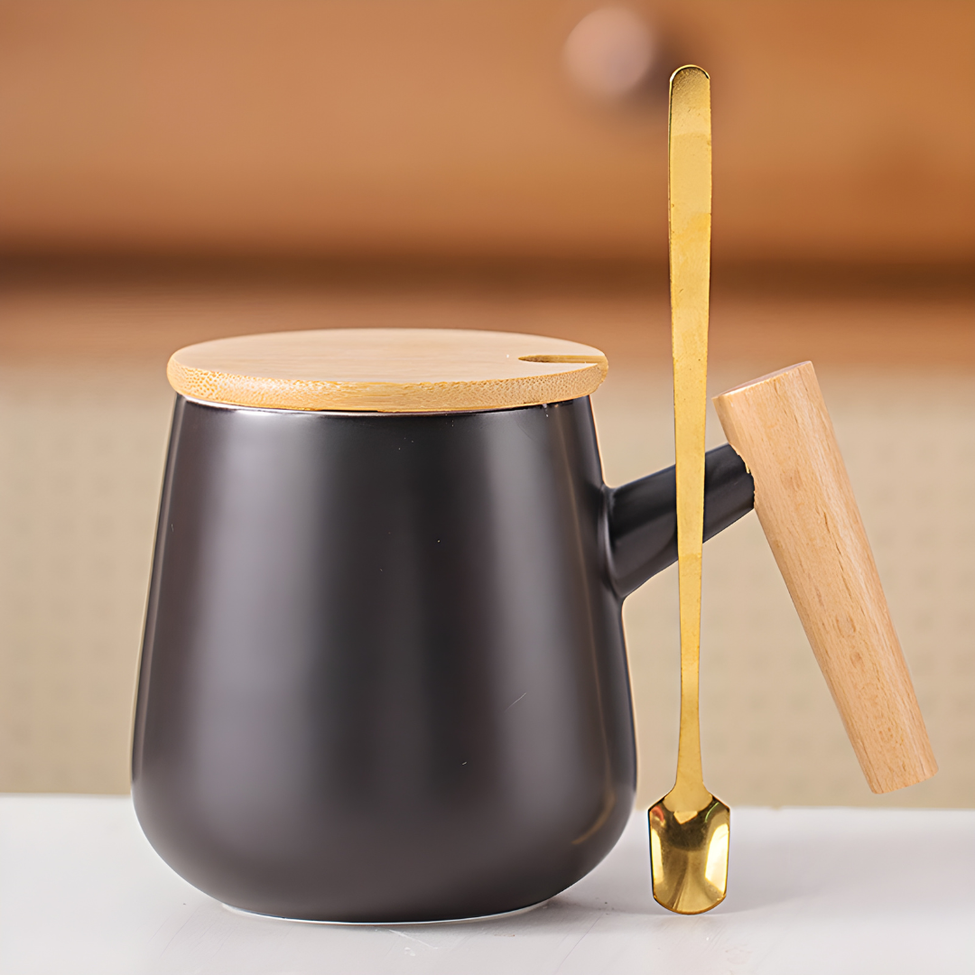 Wood Ceramic Mug with Simple Wooden Handle - 390ml Milk and Coffee Cup