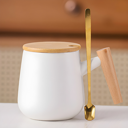 Wood Ceramic Mug with Simple Wooden Handle - 390ml Milk and Coffee Cup