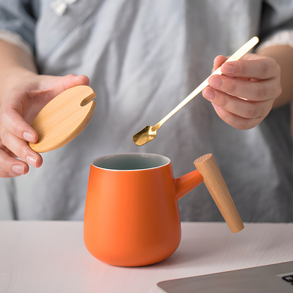 Wood Ceramic Mug with Simple Wooden Handle - 390ml Milk and Coffee Cup