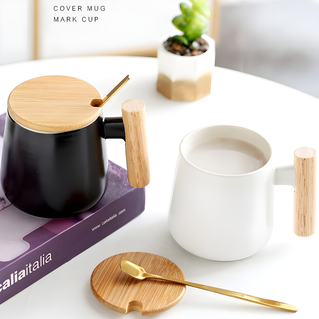 Wood Ceramic Mug with Simple Wooden Handle - 390ml Milk and Coffee Cup