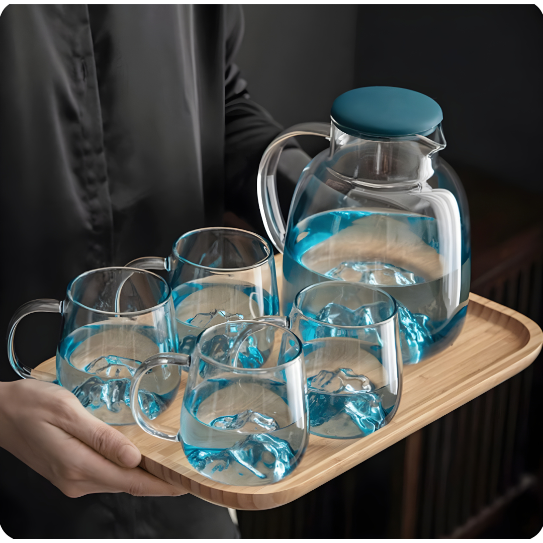 Nordic Glass Pitcher Set with Mountain Design