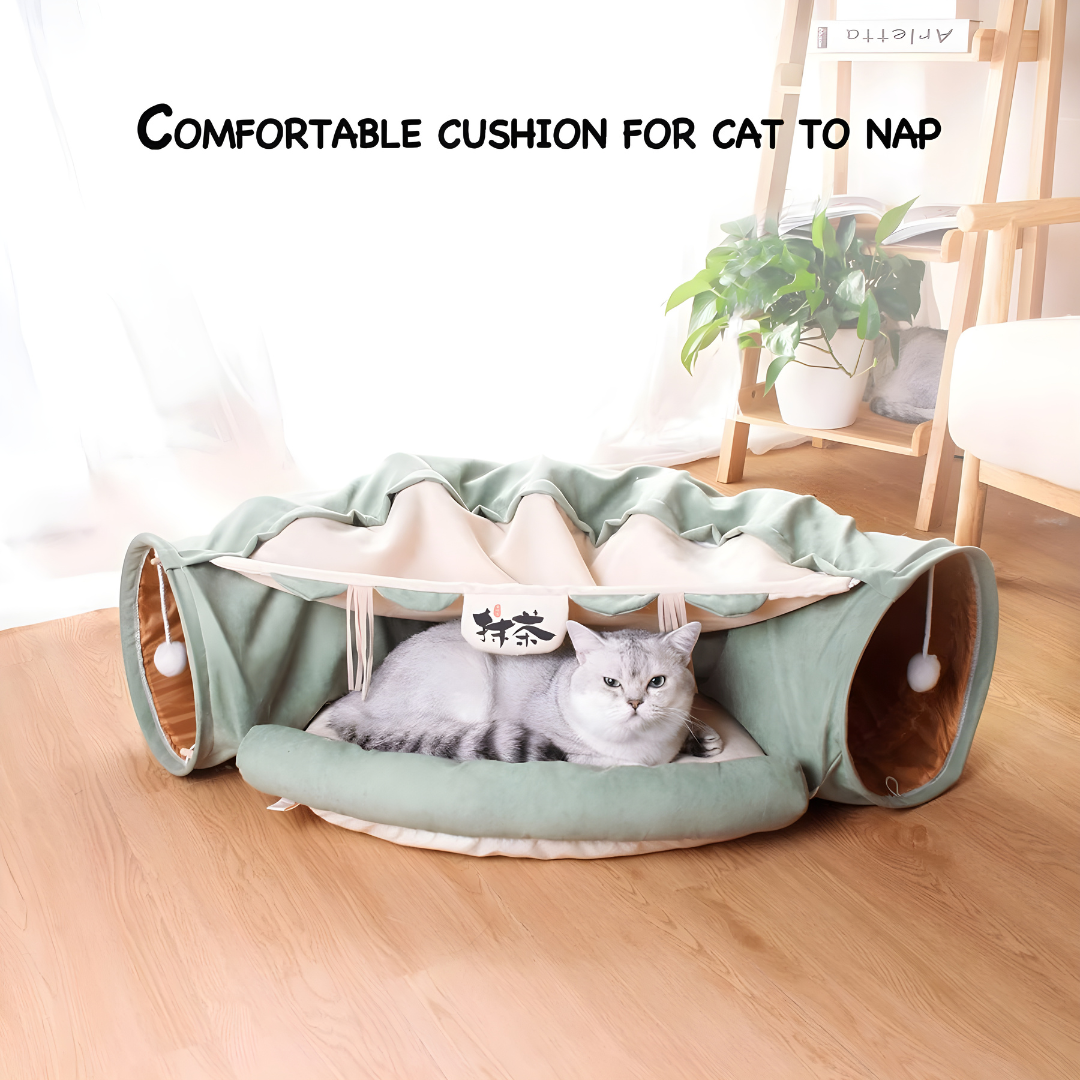 2-in-1 Cat Tunnel Bed with Cushion