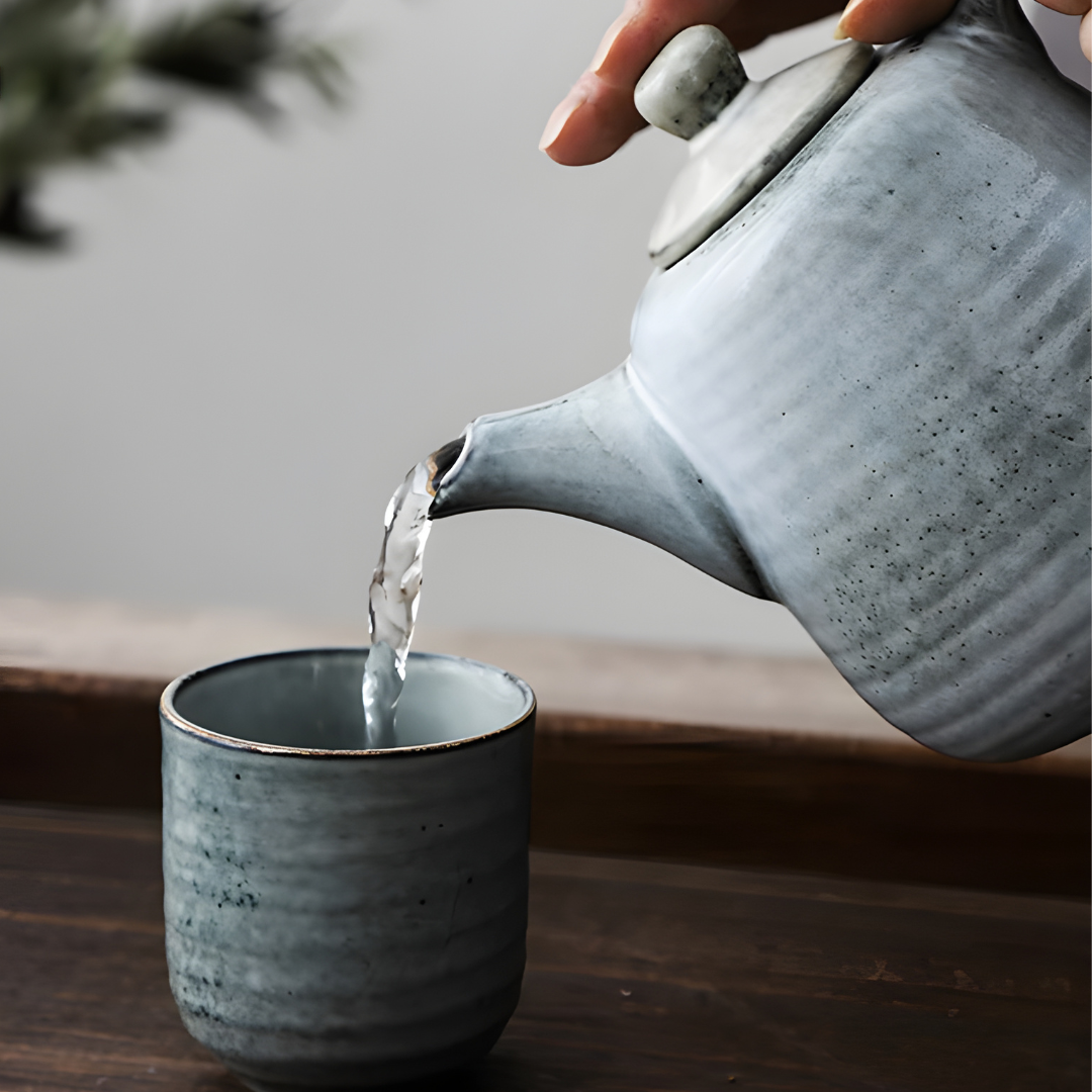 Vintage Gray Reactive Glaze Ceramic Tea Set - 750ml Teapot with 4 Matching Cups