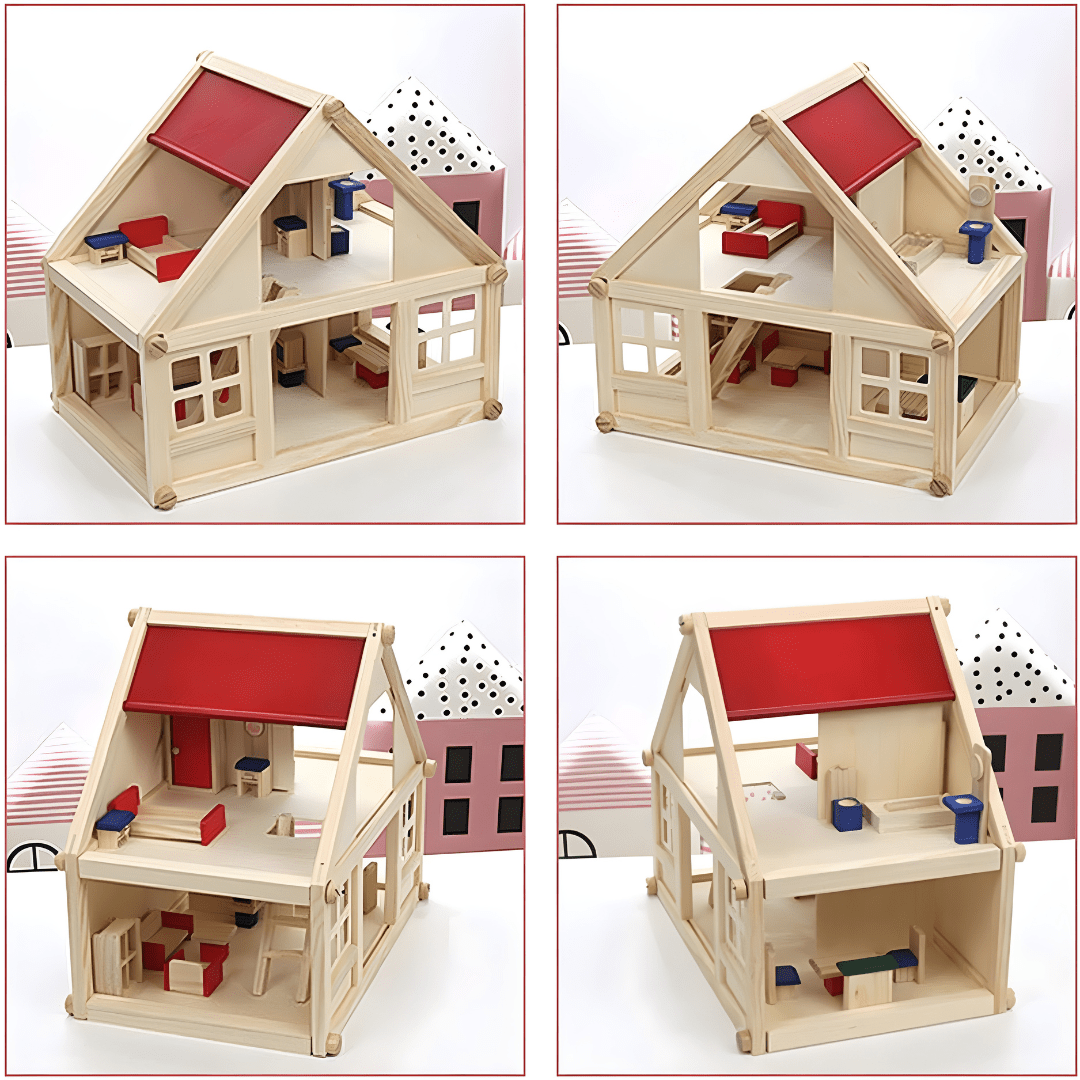 Portable wooden doll mini house with furniture, eco-friendly educational toy for kids 3+, travel-friendly design available in Beirut Lebanon