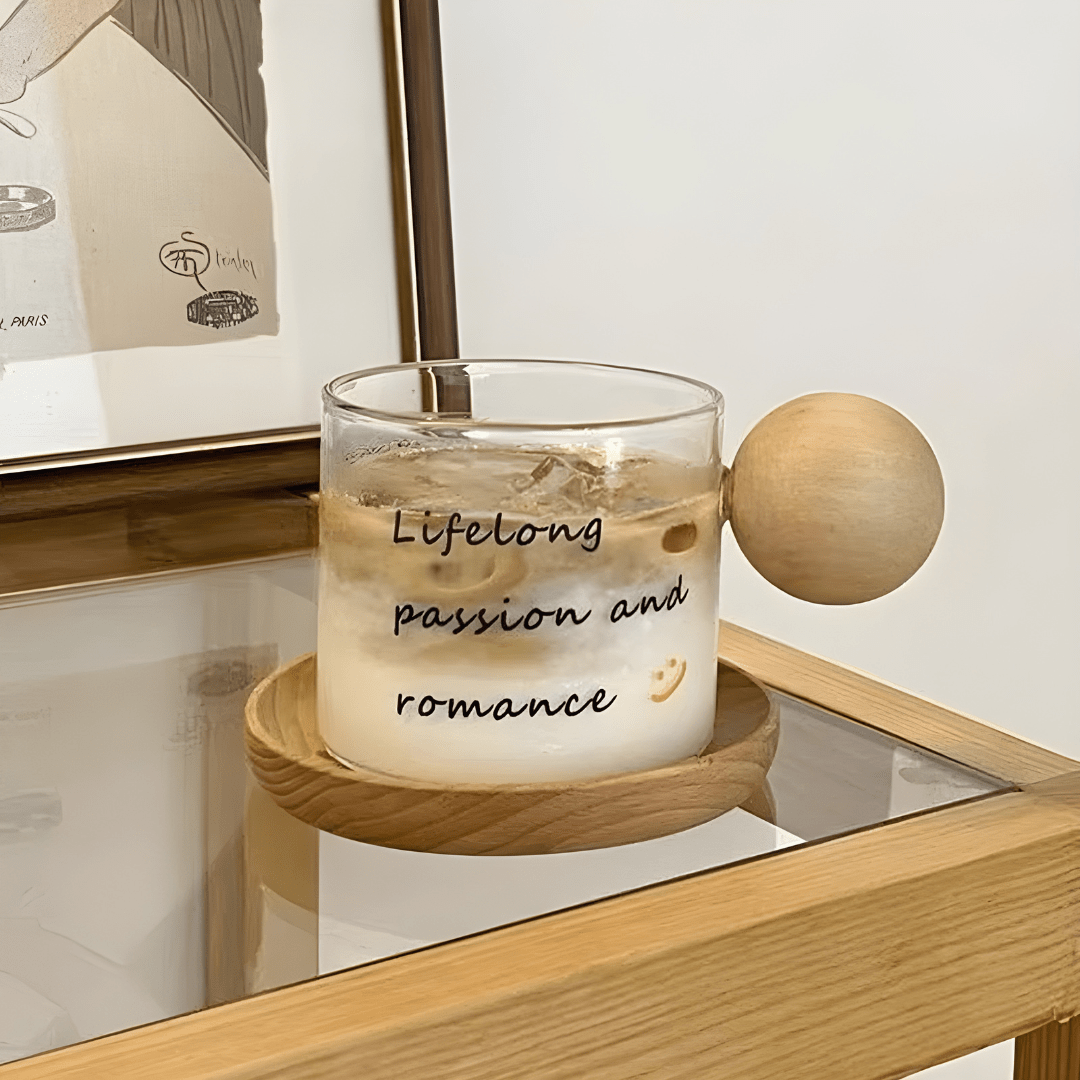 500ml heat-resistant glass mug with wooden handle and bamboo coaster