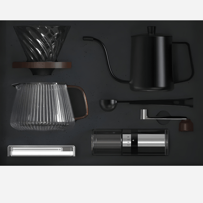 Premium pour-over coffee set with kettle, grinder, dripper, and accessories in gift box.