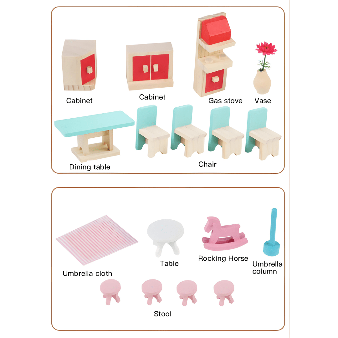 Wooden Dollhouse with Full Furniture Set – 3-Level Playhouse for Girls