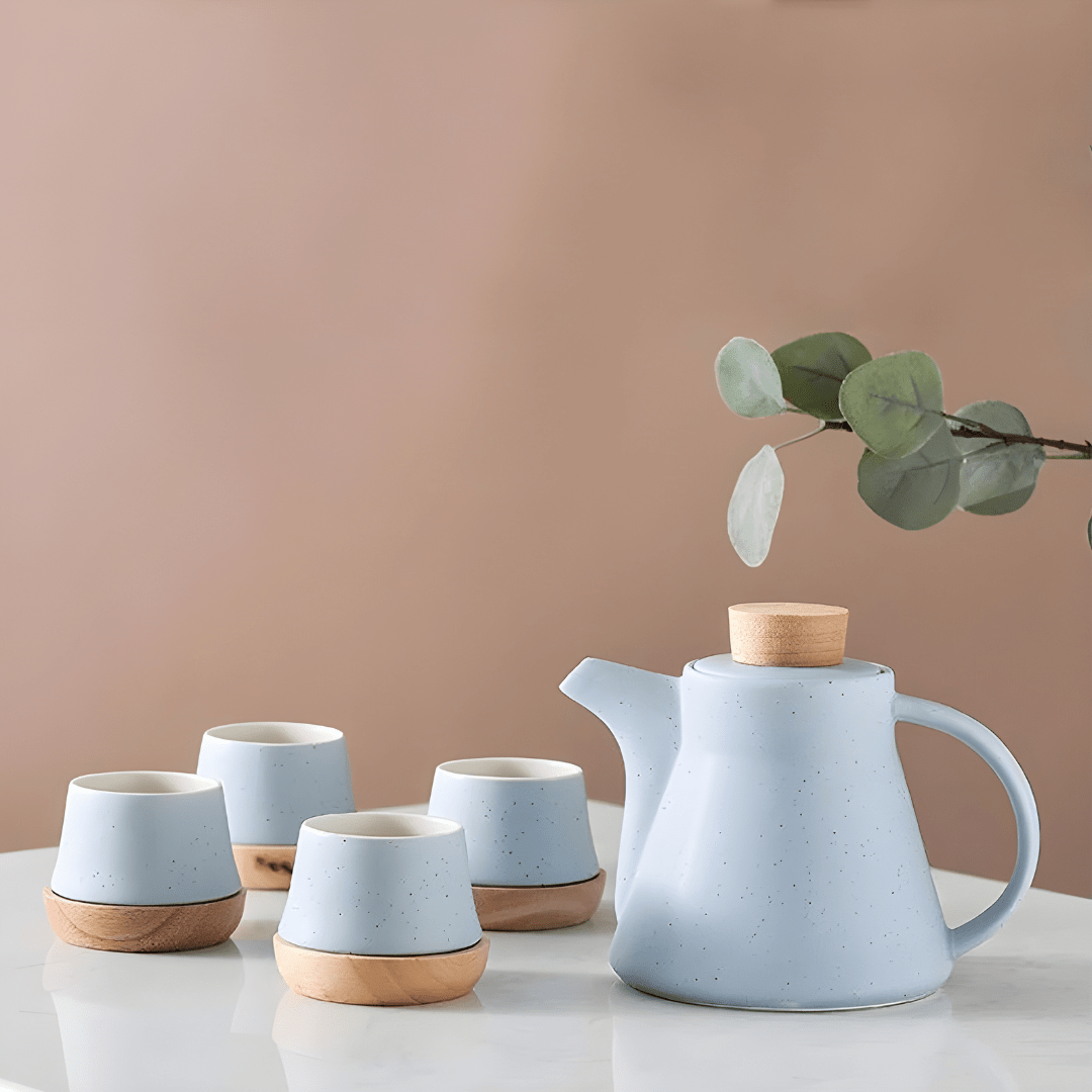 Nordic Matte Porcelain Tea Set – 750ml Teapot with 4 Cups, Infuser & Wooden Coasters