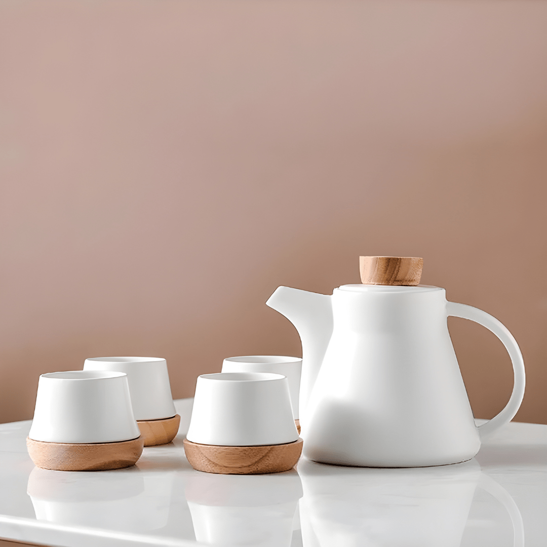 Nordic Matte Porcelain Tea Set – 750ml Teapot with 4 Cups, Infuser & Wooden Coasters