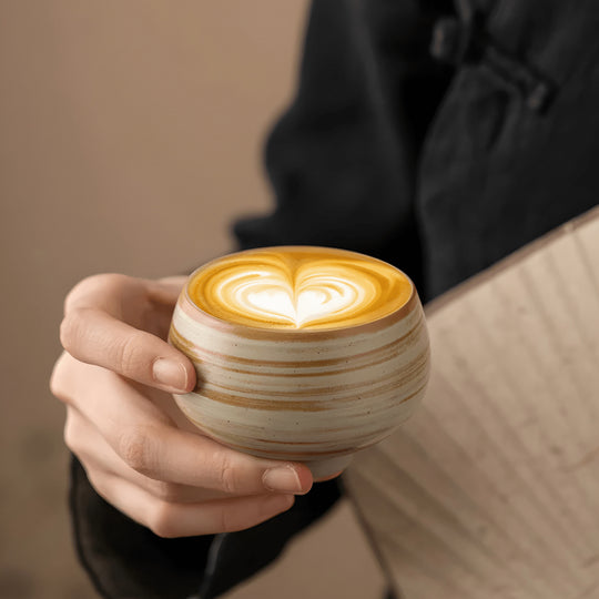 Handmade retro stoneware tea cup set of 7 pieces in warm earth tones, ideal for tea or coffee, displayed with size details – perfect for Beirut homes.
