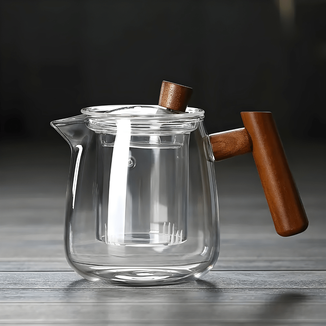 Handmade 480ml glass teapot with infuser and wooden handle, includes 4 tea cups – Beirut Lebanon