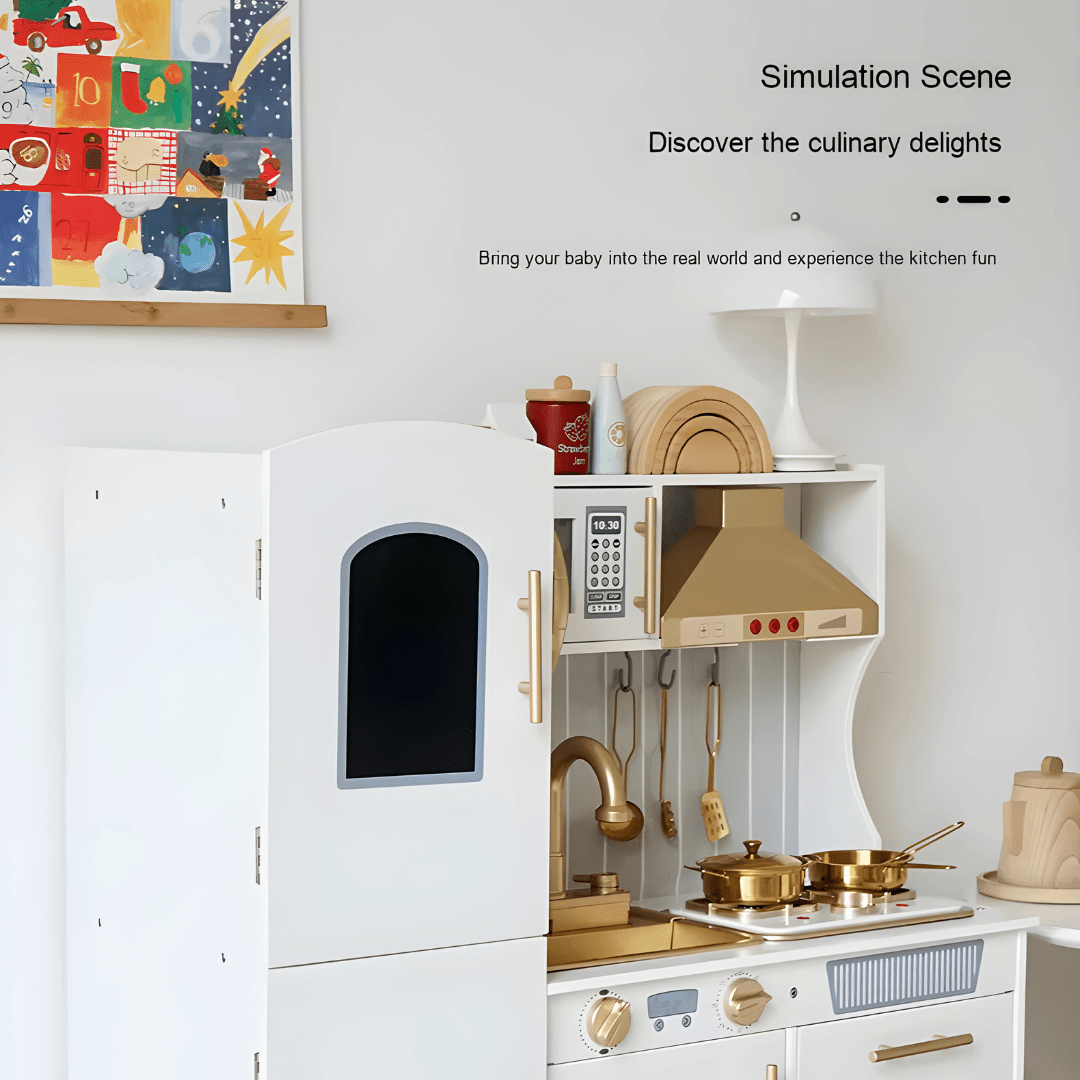 Wooden kids kitchen play set with running water, glowing stovetop, sound effects, and storage – ideal for ages 3+ in Beirut Lebanon