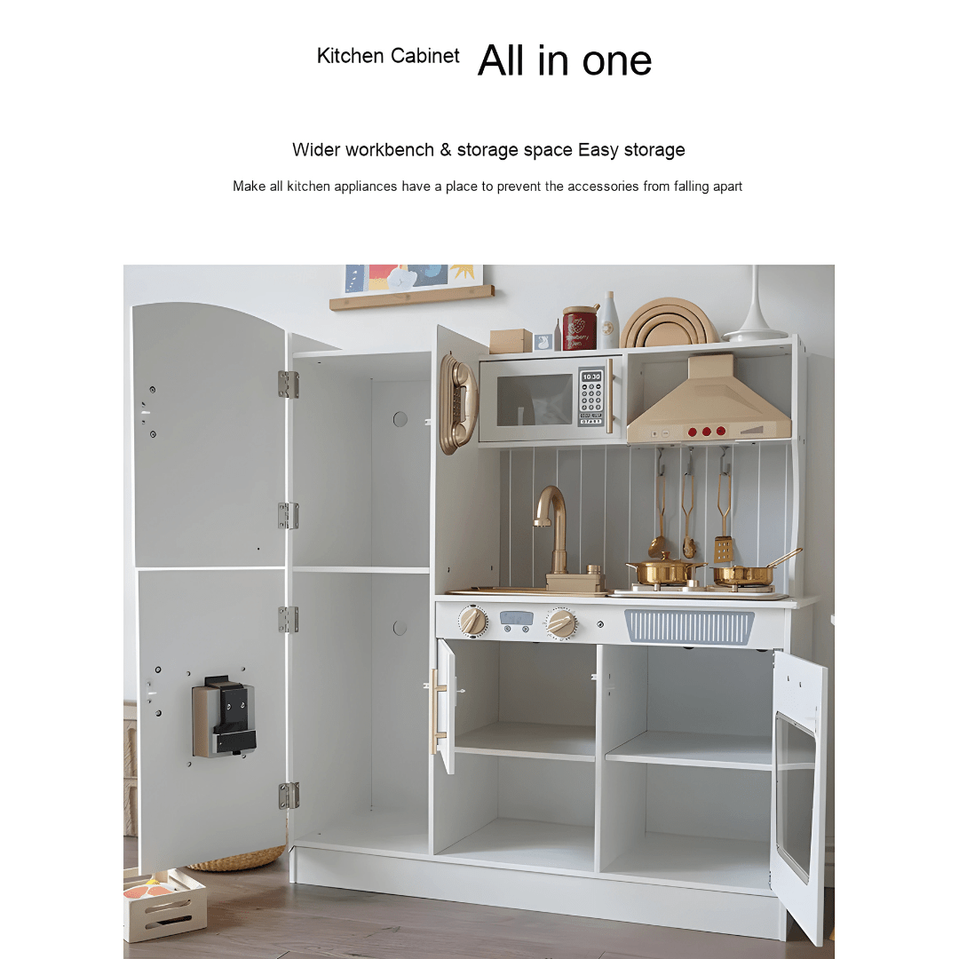 Wooden kids kitchen play set with running water, glowing stovetop, sound effects, and storage – ideal for ages 3+ in Beirut Lebanon