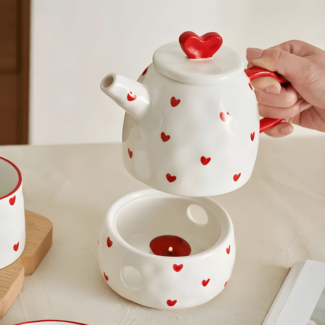 Hand-painted heart ceramic teapot set with mug, dessert plate, and candle warmer – 650ml teapot, 250ml mug, 15cm saucer – luxury tea gift set Lebanon