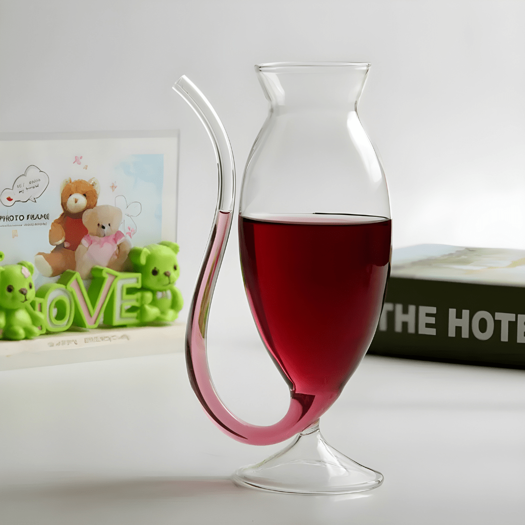 Clear 340ml glass wine or juice cup with built-in straw design, stylish and functional drinkware