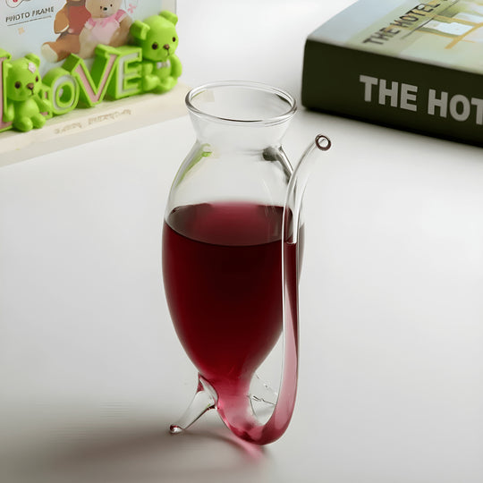 Clear 340ml glass wine or juice cup with built-in straw design, stylish and functional drinkware