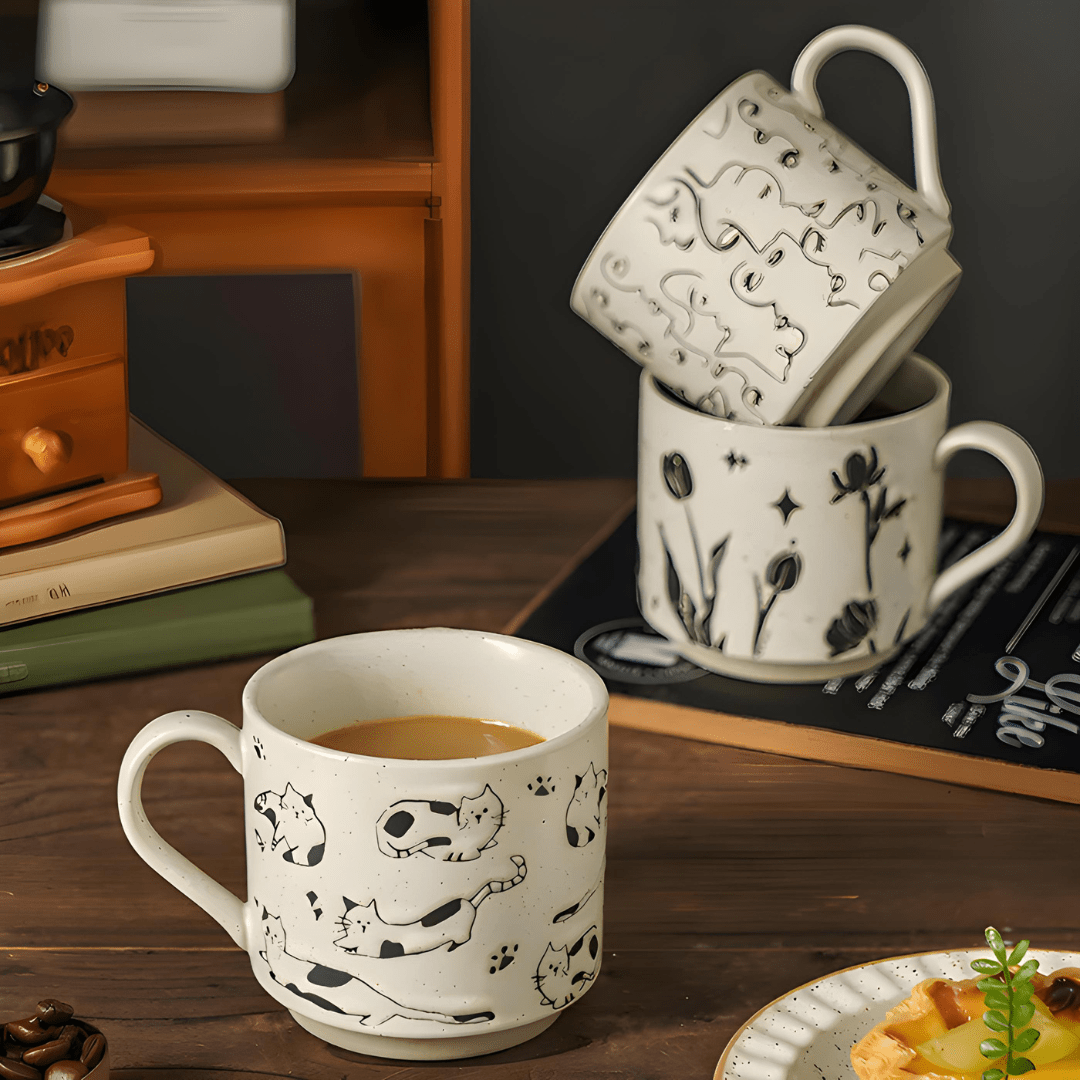 Lelyi 310ml artistic ceramic mugs in Nordic style – floral, cat, and abstract line designs – perfect for tea or coffee in Beirut Lebanon
