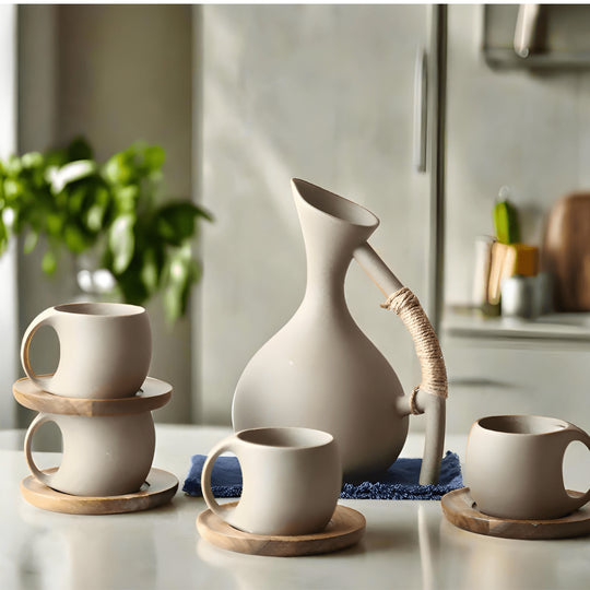 Handmade Pottery Jug & Cups Set – 9-Piece Ceramic Drinkware 1300ML