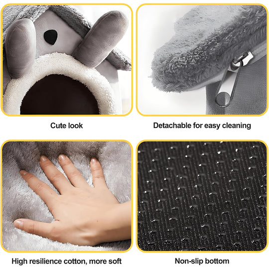Grey plush dog and cat house with soft roof, detachable parts, non-slip bottom, and adorable cartoon ear design – available in S and L sizes.

