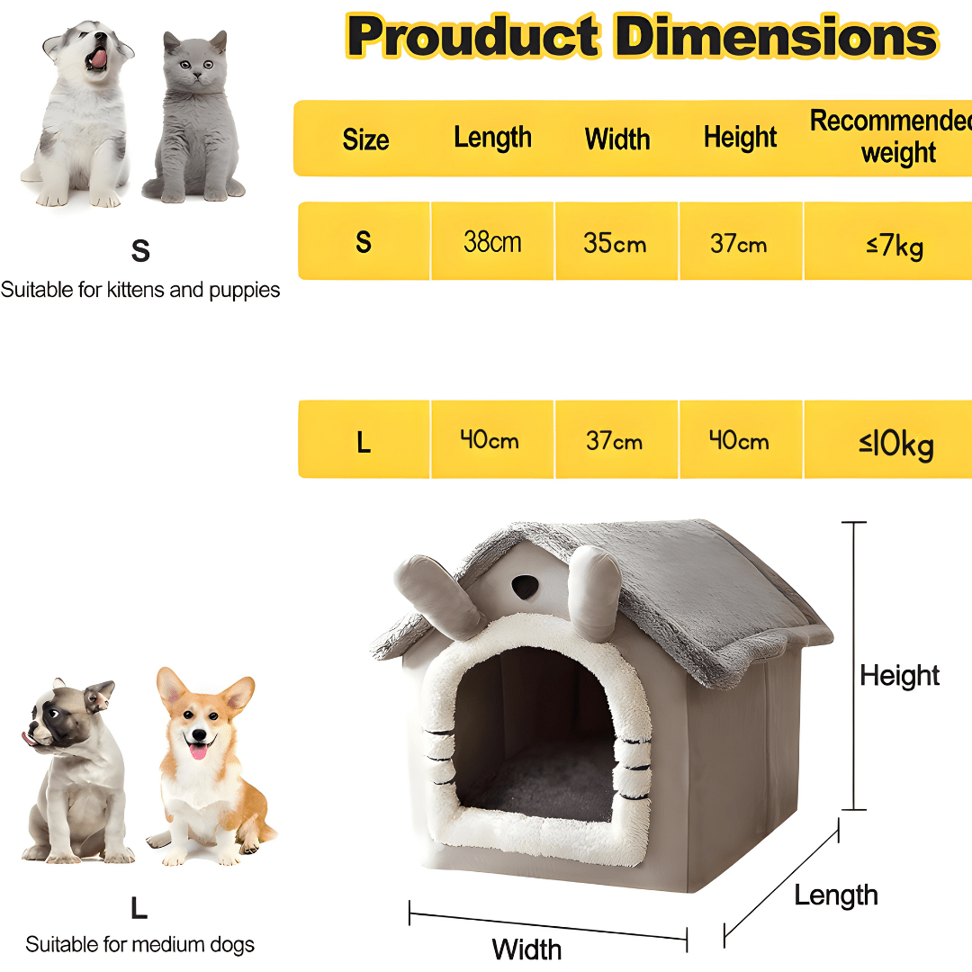 Grey plush dog and cat house with soft roof, detachable parts, non-slip bottom, and adorable cartoon ear design – available in S and L sizes.

