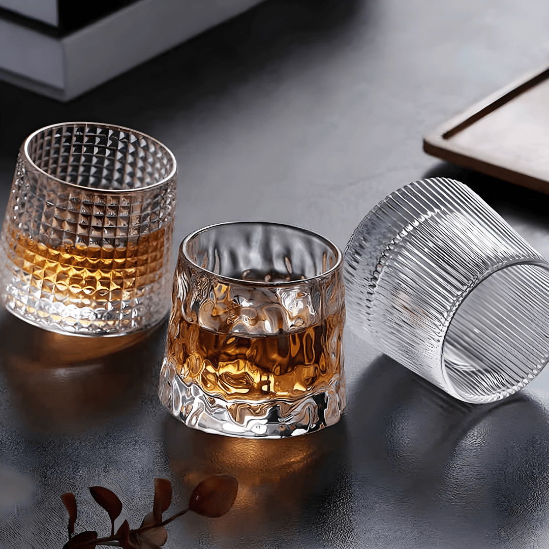 150ml rotating whisky glass with hemispherical base, hand-blown lead-free crystal – available in 3 elegant designs for premium drinkware lovers in Beirut