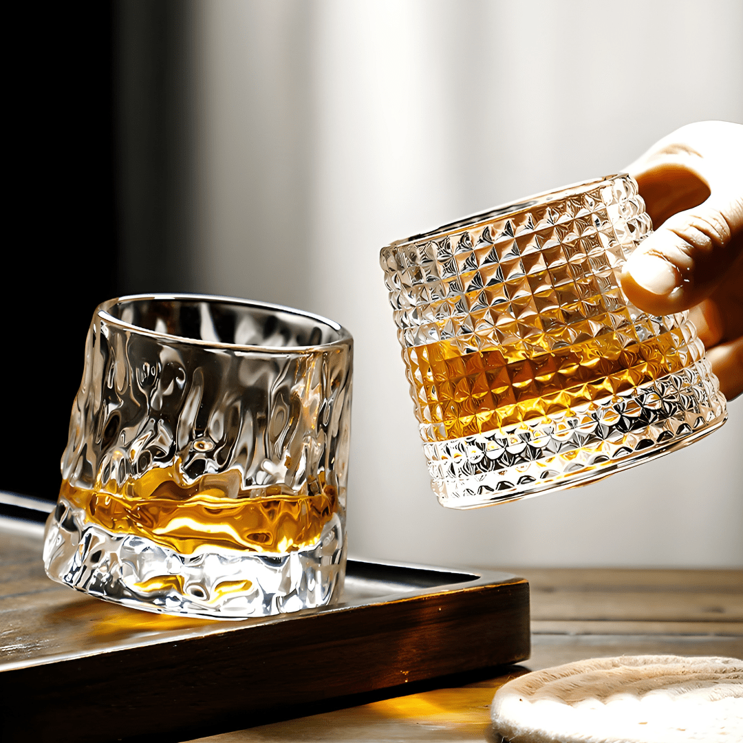 150ml rotating whisky glass with hemispherical base, hand-blown lead-free crystal – available in 3 elegant designs for premium drinkware lovers in Beirut