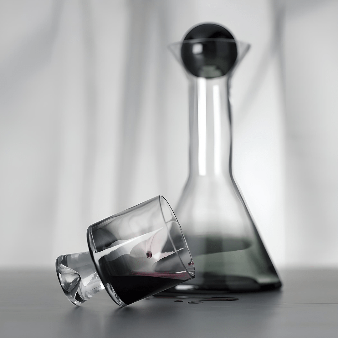 Handmade 1500ml crystal glass decanter with round glass lid and 4 gradient black glasses – luxury drinkware set ideal for Beirut homes and events