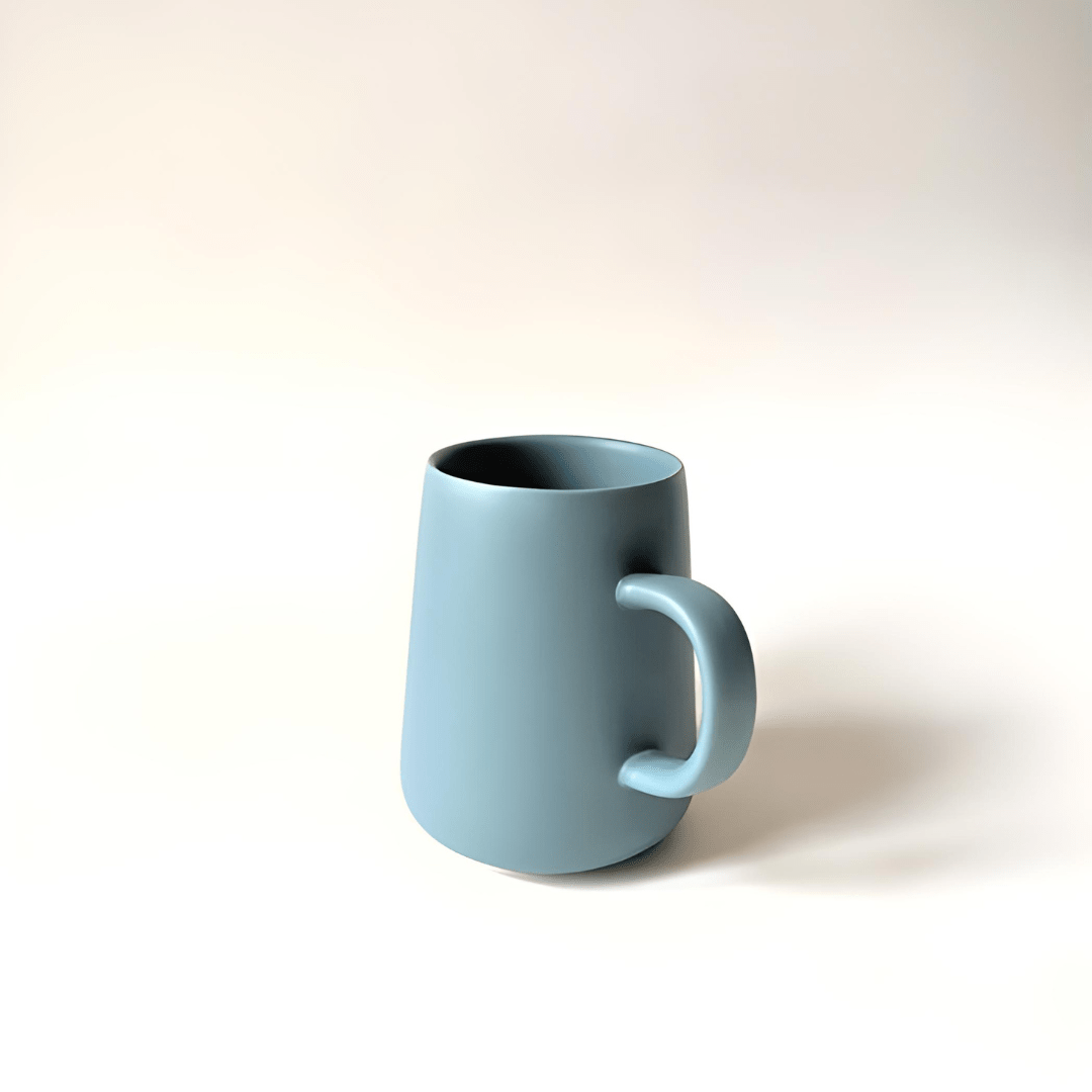 Scandinavian-style 340ml matte ceramic mugs in green, blue, and dark blue colors