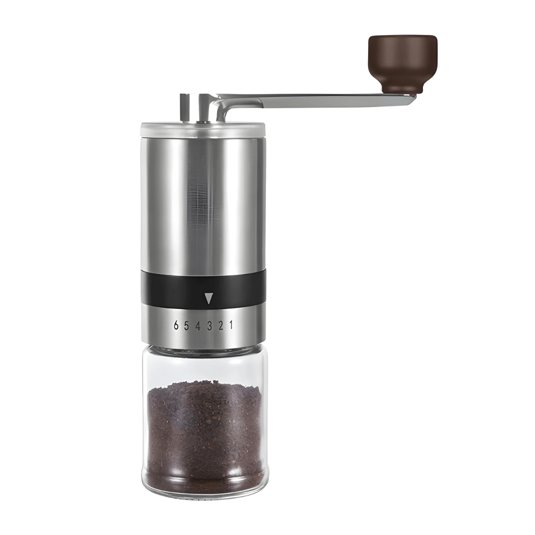 Manual Coffee Grinder with Stainless Steel Body and Glass Jar – Adjustable Coarseness