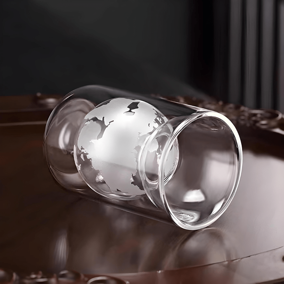 Double-layer borosilicate glass cup with 3D world map globe design, 160ml