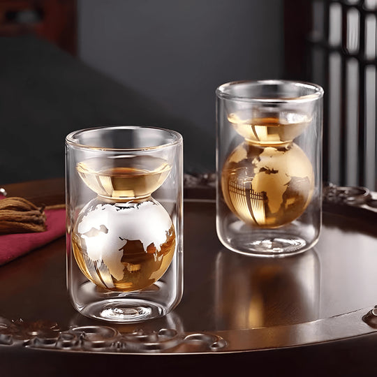 Double-layer borosilicate glass cup with 3D world map globe design, 160ml