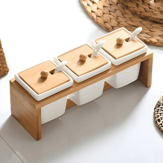 مجموعة علب التوابل الخزفية مع حامل من الخيزران و3 ملاعق