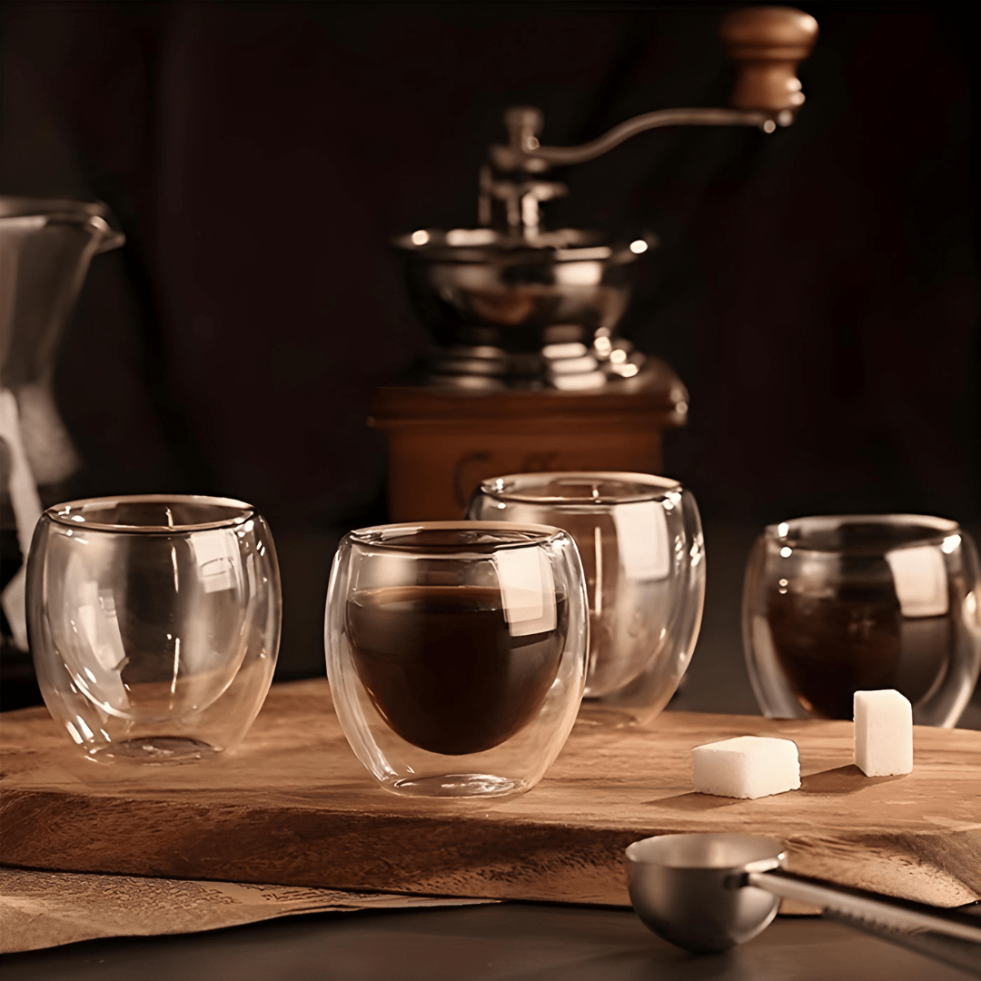 Hand holding super mini double wall espresso glass 150ml