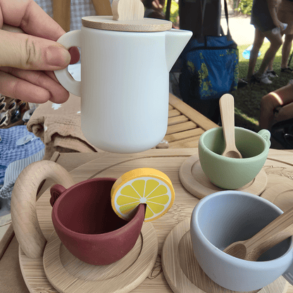 Wooden toy tea party set for kids – 13-piece BPA-free silicone and wood play tea set in Morandi soft tones, safe and fun pretend play gift available in Beirut Lebanon
