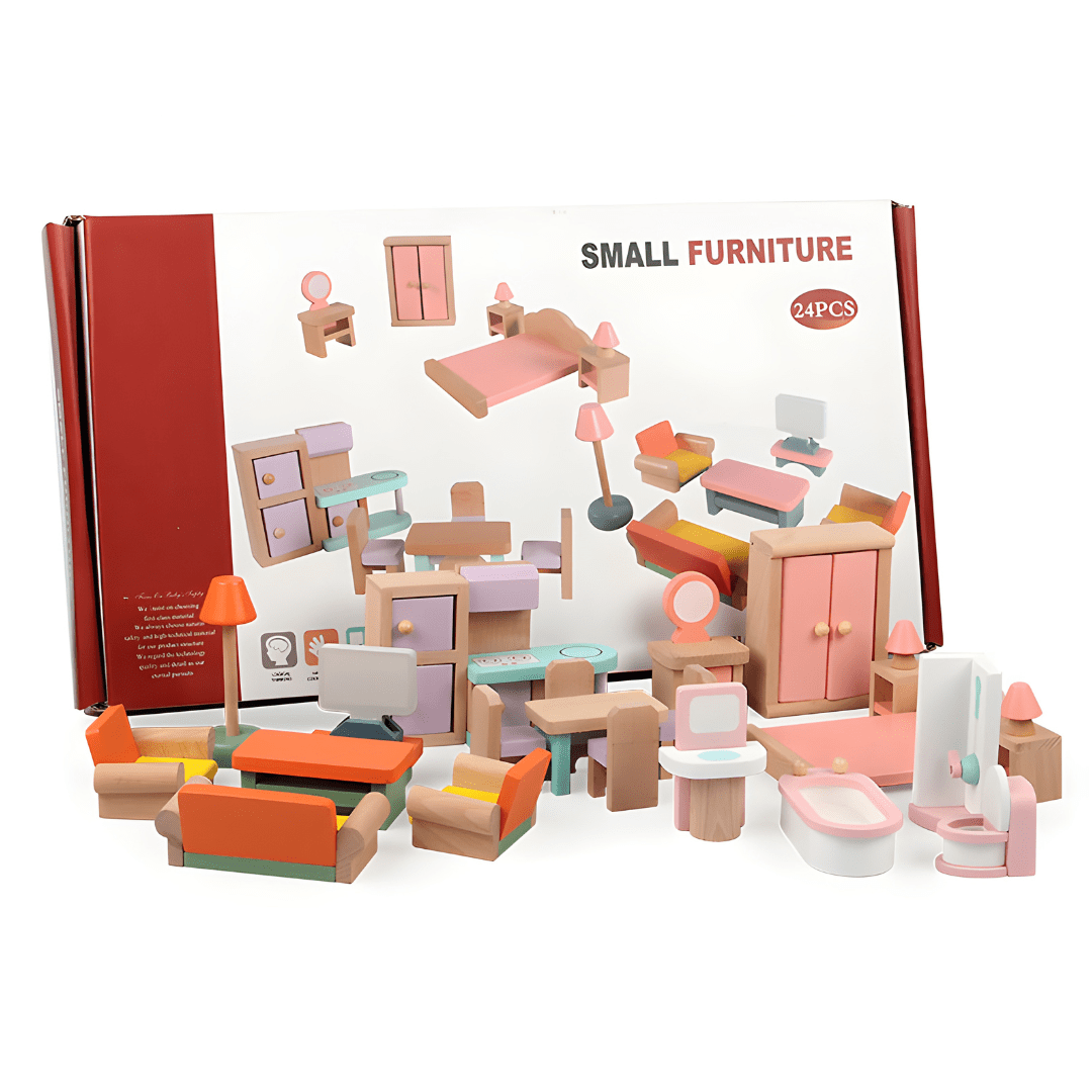 Wooden dollhouse furniture set 24 pieces for kids pretend play, solid wood toy gift available in Beirut Lebanon