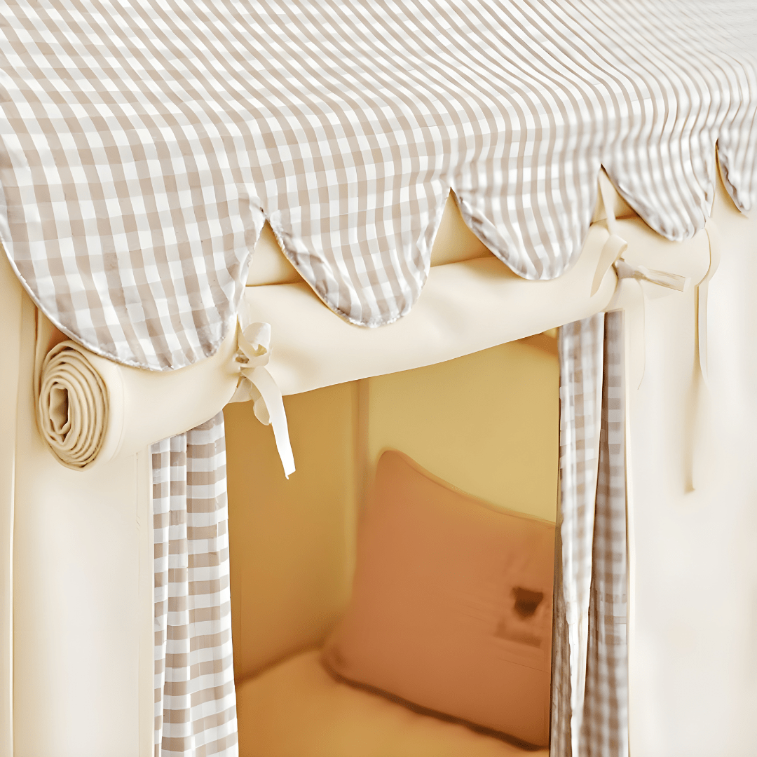 Kids play tent with pine wood frame, bear design, string lights, curtain & floor mat – Beirut