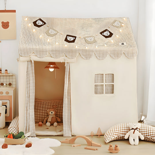 Kids play tent with pine wood frame, bear design, string lights, curtain & floor mat – Beirut