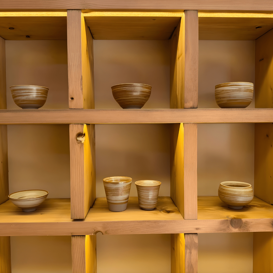Handmade retro stoneware tea cup set of 7 pieces in warm earth tones, ideal for tea or coffee, displayed with size details – perfect for Beirut homes.