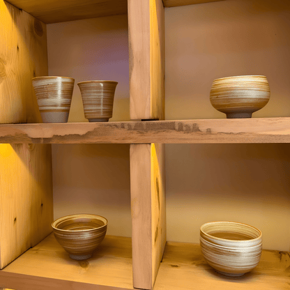 Handmade retro stoneware tea cup set of 7 pieces in warm earth tones, ideal for tea or coffee, displayed with size details – perfect for Beirut homes.