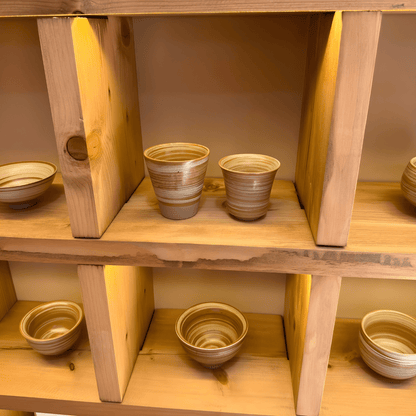 Handmade retro stoneware tea cup set of 7 pieces in warm earth tones, ideal for tea or coffee, displayed with size details – perfect for Beirut homes.
