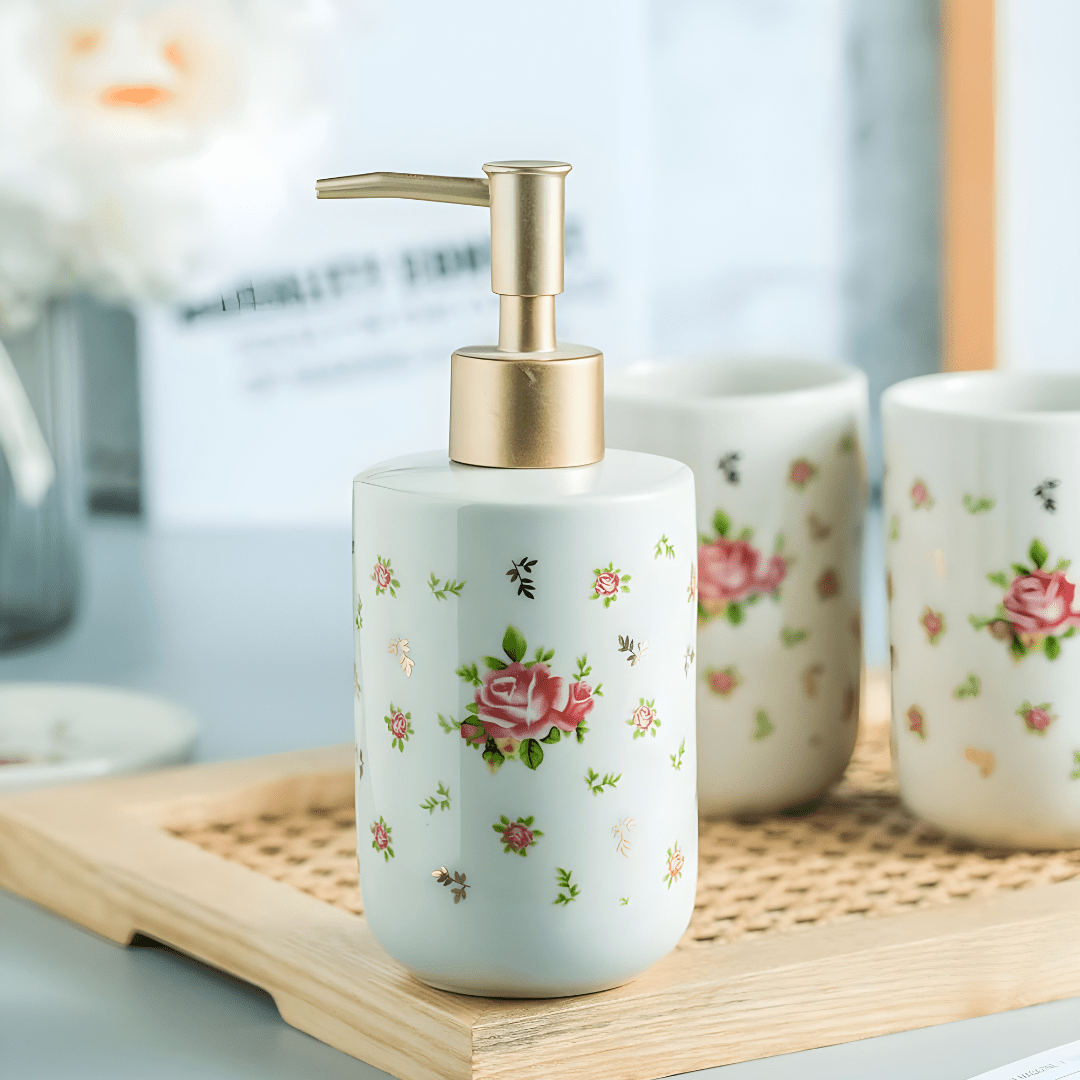 Retro white soap dispenser with golden pump and rose design – Beirut Lebanon