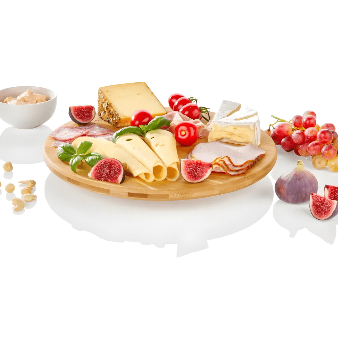 Rotatable bamboo serving board with cheese and snacks – Beirut market