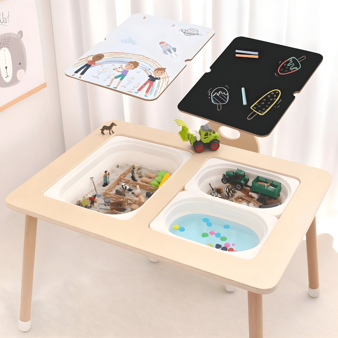 Montessori Wooden Sensory Activity Table with Covered Bins